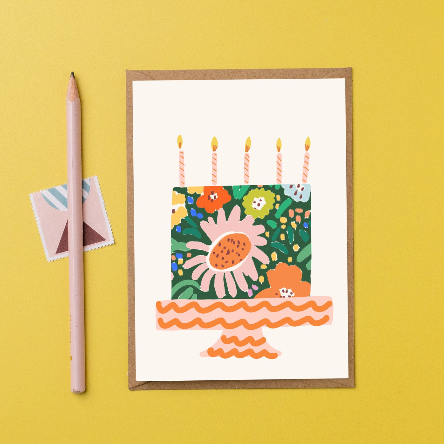 Floral cake birthday card - green card
