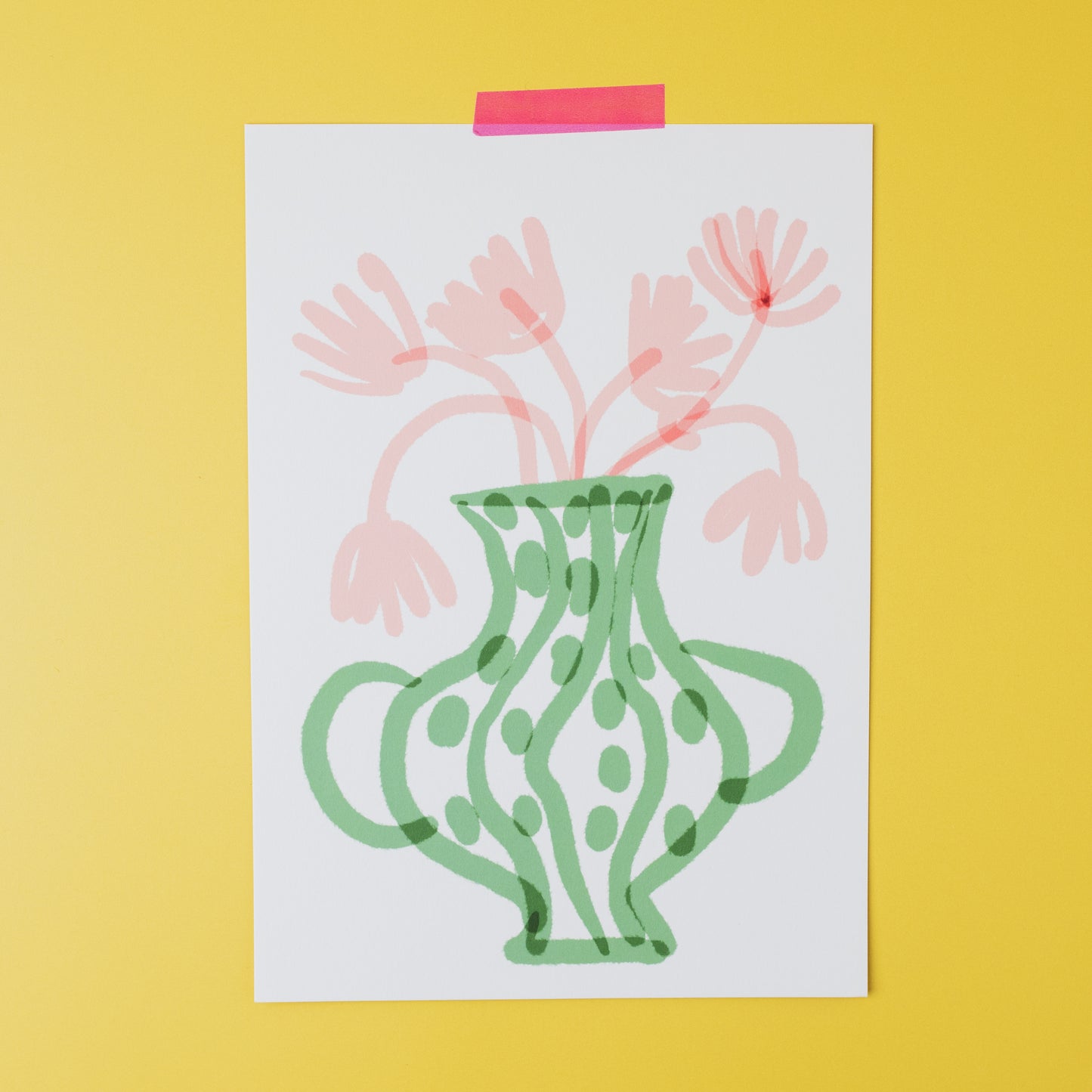 Green vase with pink flowers print