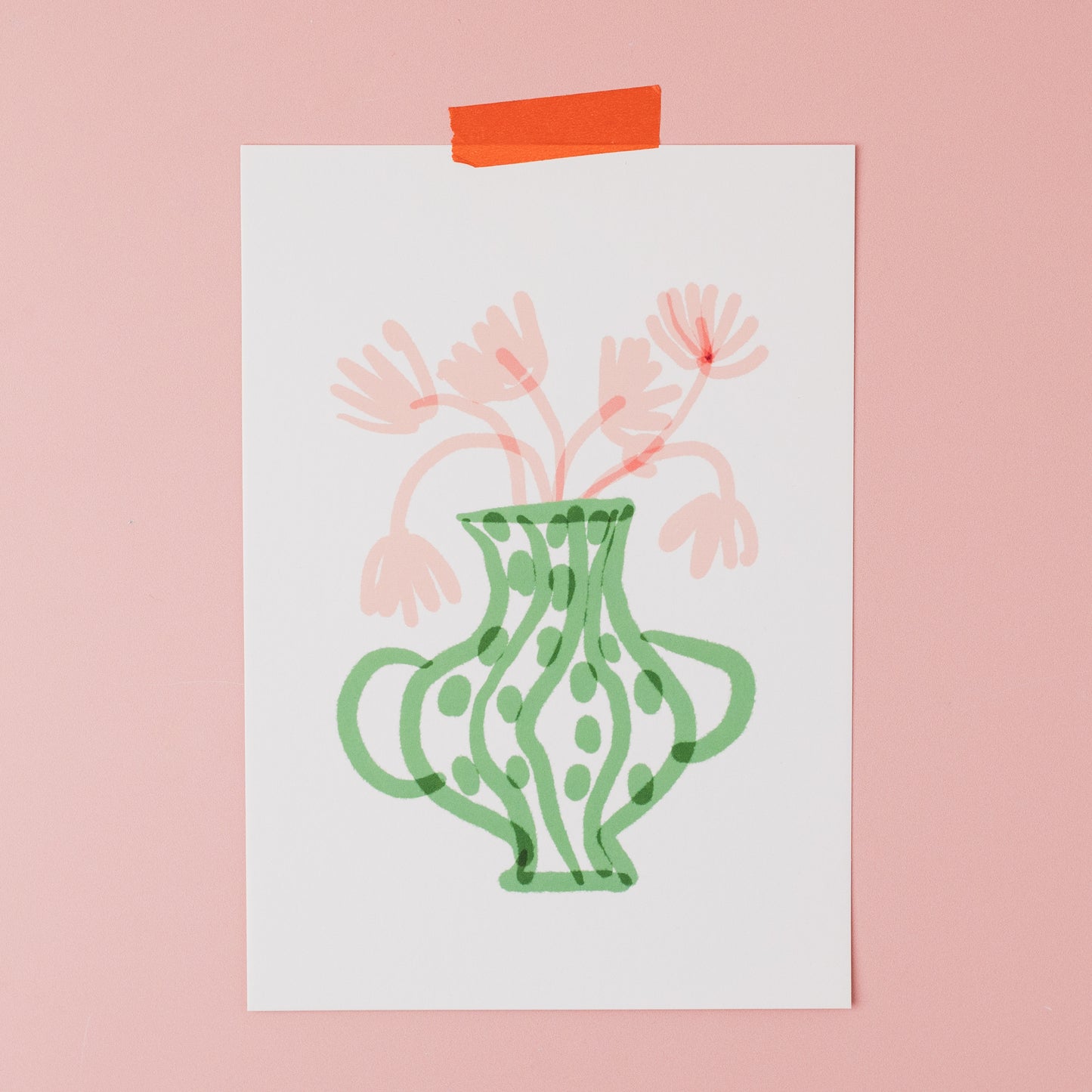 Green vase with pink flowers print