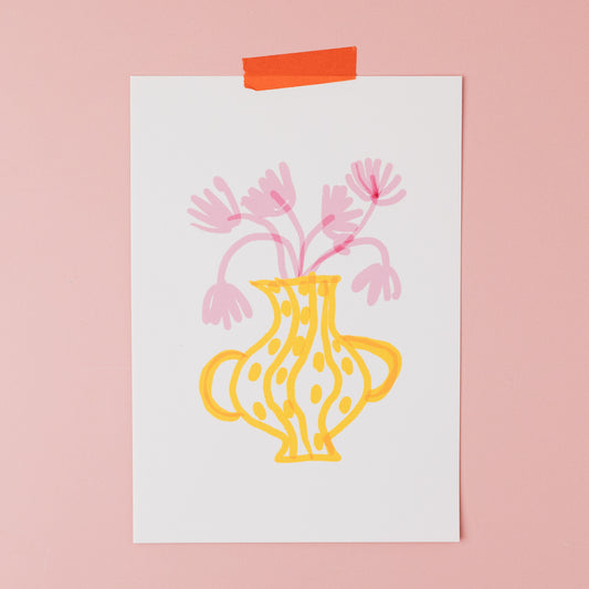Bright yellow vase with lilac flowers print