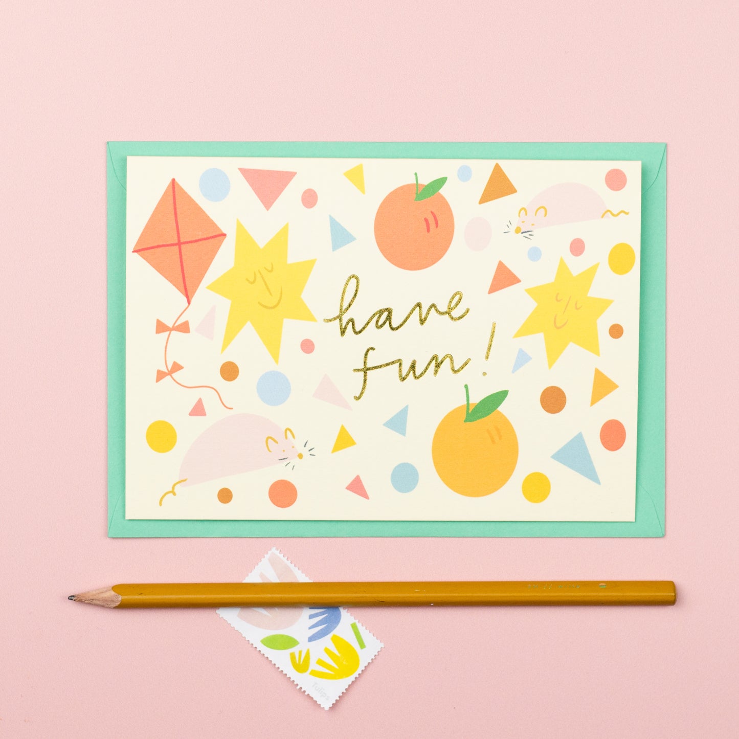 Gold foiled 'Have fun' shapes card