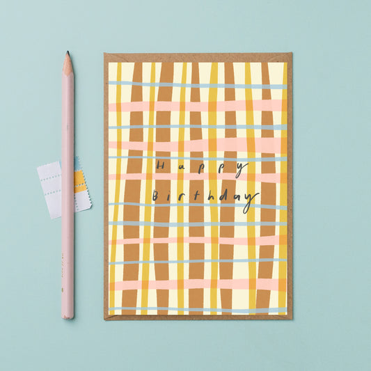 Bold checked brown and pink birthday card