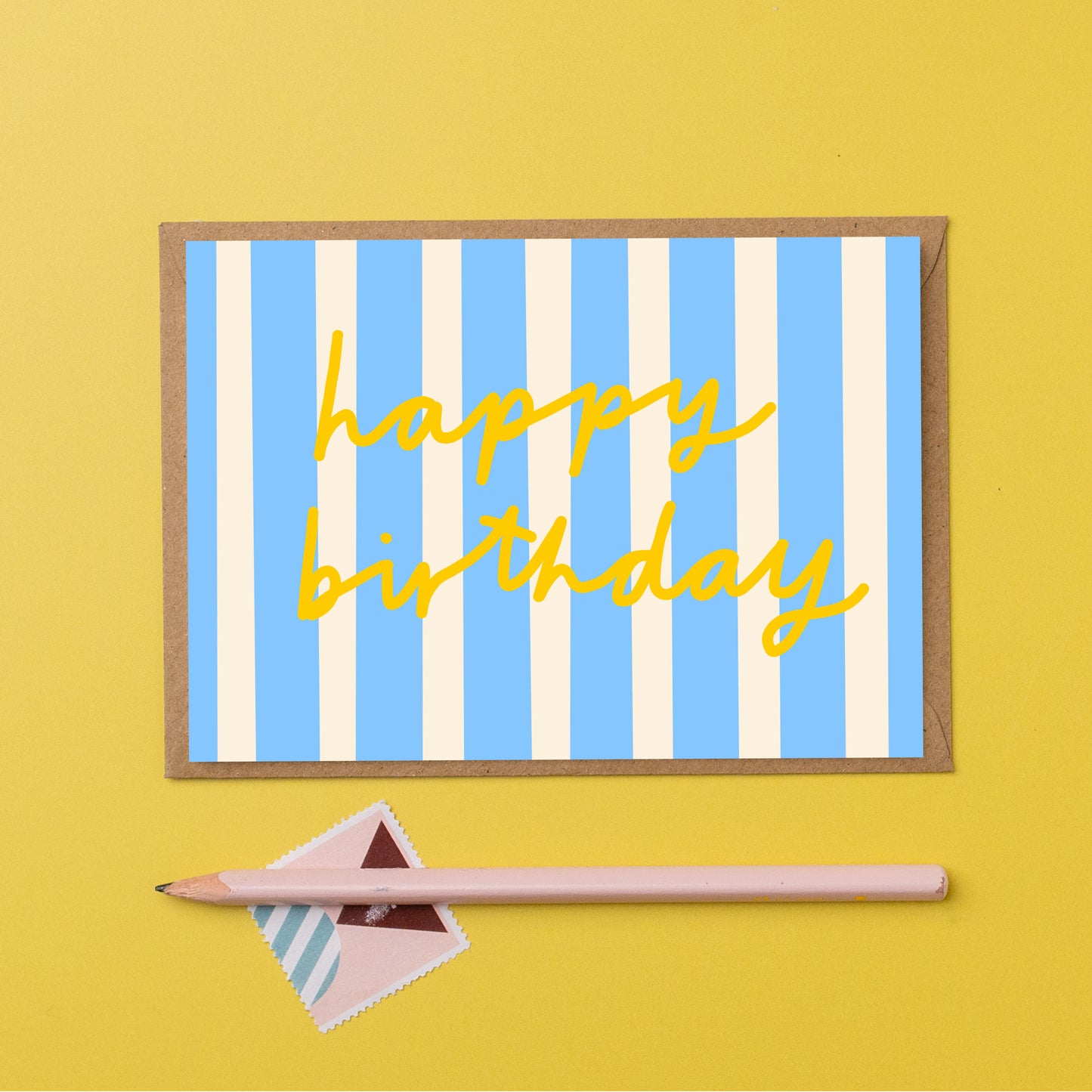 Birthday blue yellow Happy birthday striped card
