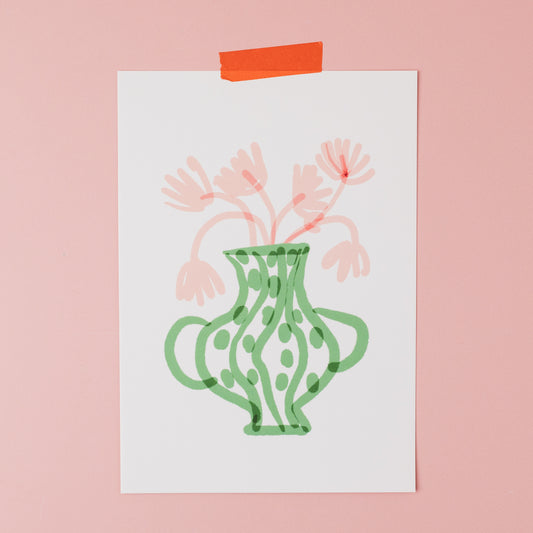 Green vase with pink flowers print