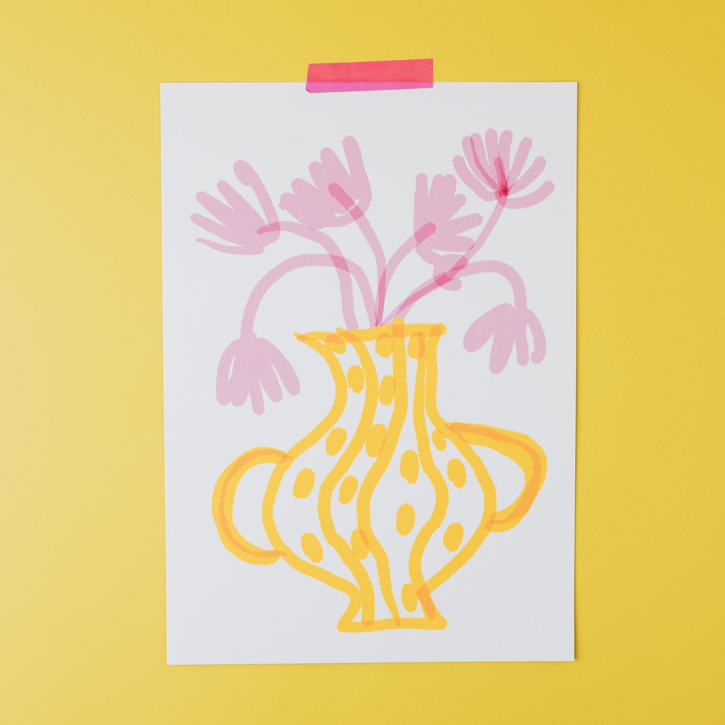 Bright yellow vase with lilac flowers print