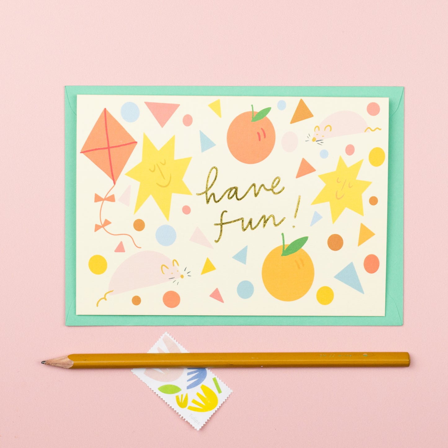 Gold foiled 'Have fun' shapes card